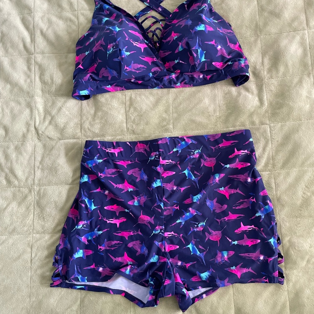 Torrid Women's Bikini Set with Shark Print - Purple and Blue